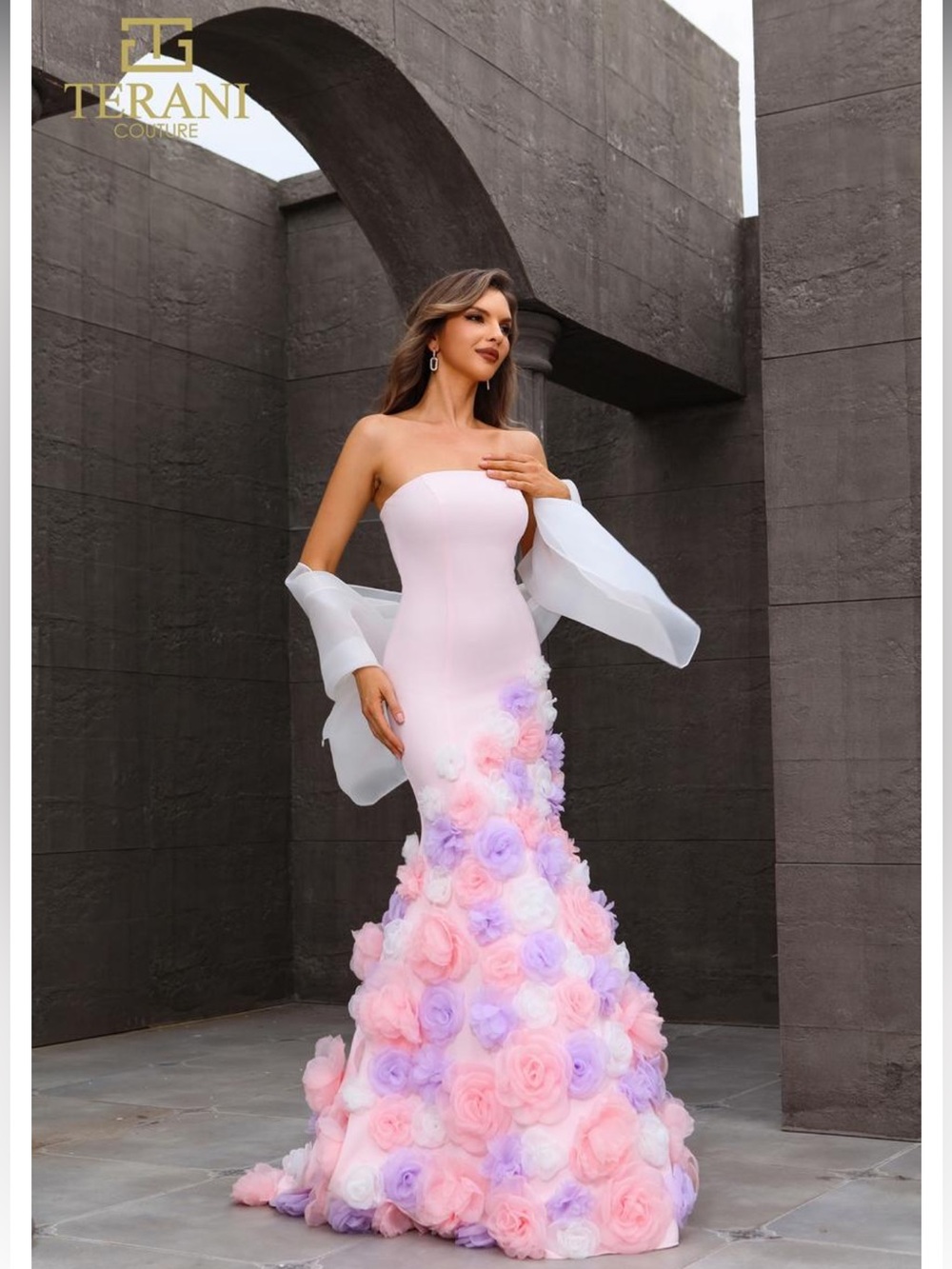 Terani Couture Strapless Pastel Pink and Lavender Floral Mermaid Gown
